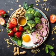 broccoli, egg, strawberries, balanced plate