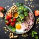 broccoli, egg, strawberries, balanced plate