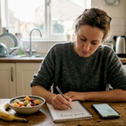 Woman journaling food diary at kitchen table
