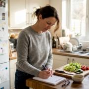 Woman writing a food diary in kitchen
