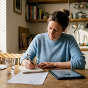 Woman completes health checklist at kitchen table