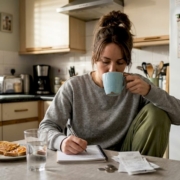 Woman tracking food symptoms in kitchen