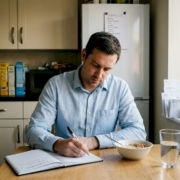 Man tracking food diary at kitchen table