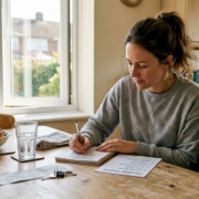 Woman documenting food triggers in kitchen