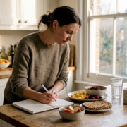 Woman tracking food triggers in kitchen diary