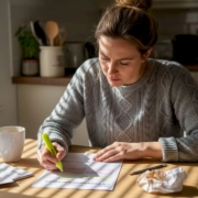 Woman reviewing food intolerance report at kitchen table