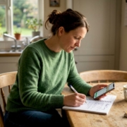 Woman tracking meals in kitchen food diary