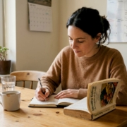 Woman logging food intolerance diary in kitchen