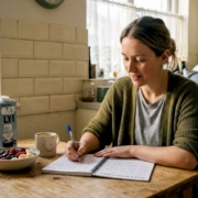 Woman updating her food diary in kitchen
