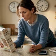 Woman checking food ingredient list in kitchen