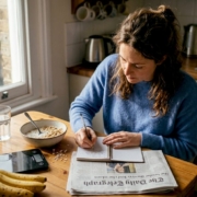 Woman tracking food in a kitchen diary