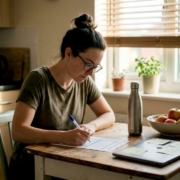 Woman completing health checklist at kitchen table