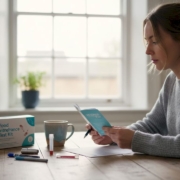 Woman using food intolerance test kit at kitchen table
