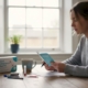 Woman using food intolerance test kit at kitchen table