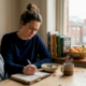 Woman keeping food intolerance diary at table
