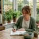 Woman reviewing food journal in kitchen