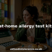 Woman using at-home allergy test kit at kitchen table