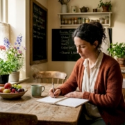 Woman tracking food triggers in kitchen diary