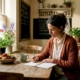 Woman tracking food triggers in kitchen diary