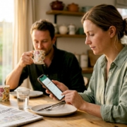Couple discussing food diary at kitchen table