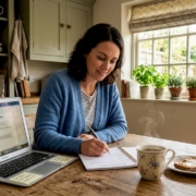 Woman recording symptoms in kitchen diary setting