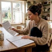 Woman reading sensitivity report in kitchen