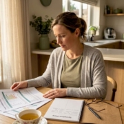 Woman reviewing food intolerance results at kitchen table