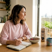 Woman recording food diary in kitchen