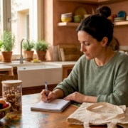 Woman making digestive health checklist at kitchen table