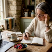 Woman writing in food diary at kitchen table