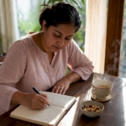 Woman recording food intolerance symptoms in diary