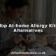Woman using at-home allergy test kit at kitchen table