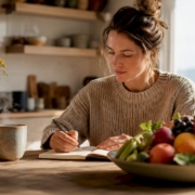 Mother recording child's food elimination diary