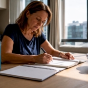 Woman managing allergy notes at home desk