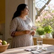 Woman checking pollen forecast at home window