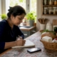 Woman recording food intolerance symptoms in kitchen