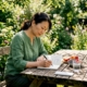 Woman recording food diary at kitchen table