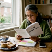Woman reading food intolerance guide at kitchen table