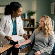 Clinician explaining skin prick allergy test