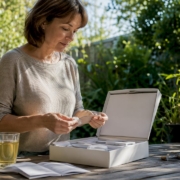 Woman unboxing bioresonance testing kit at home