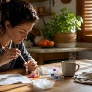 Woman preparing food sensitivity test kit at kitchen table