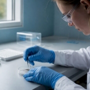 Technician handling hair sample in UK laboratory