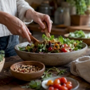 Hands preparing a high-fiber meal at home kitchen