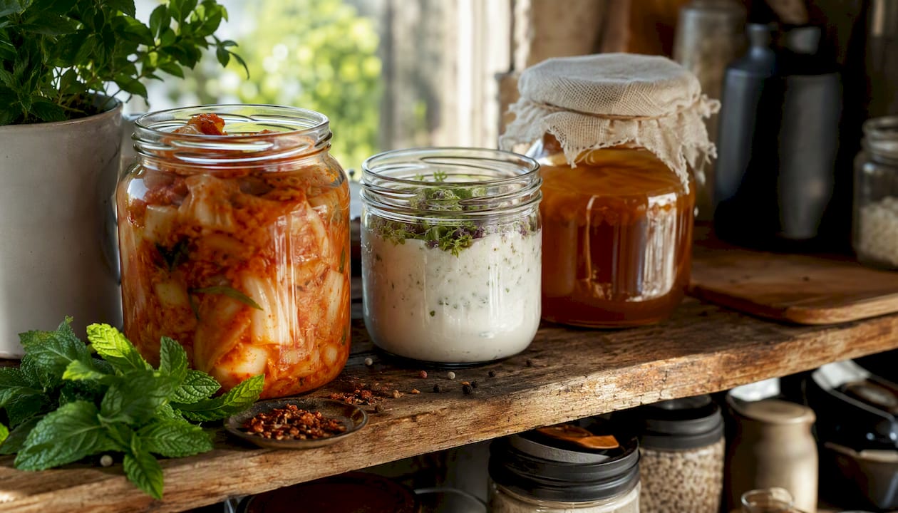 Bowls of assorted fermented foods