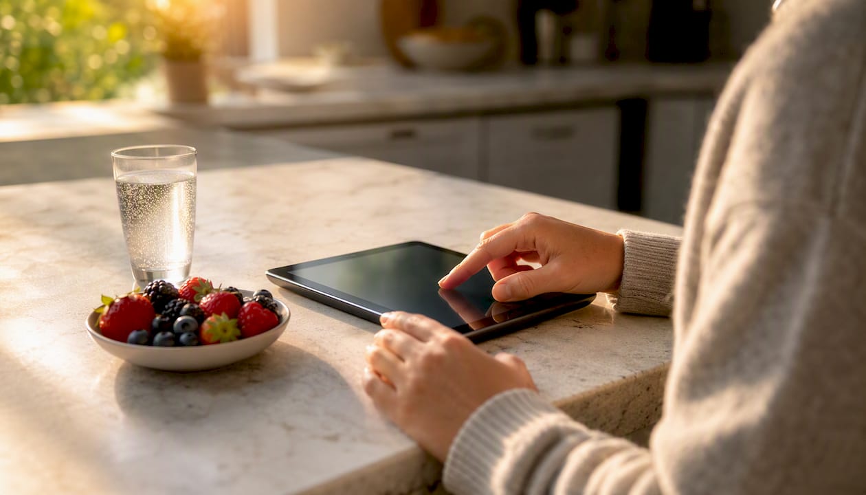 Hands recording food symptoms on a tablet