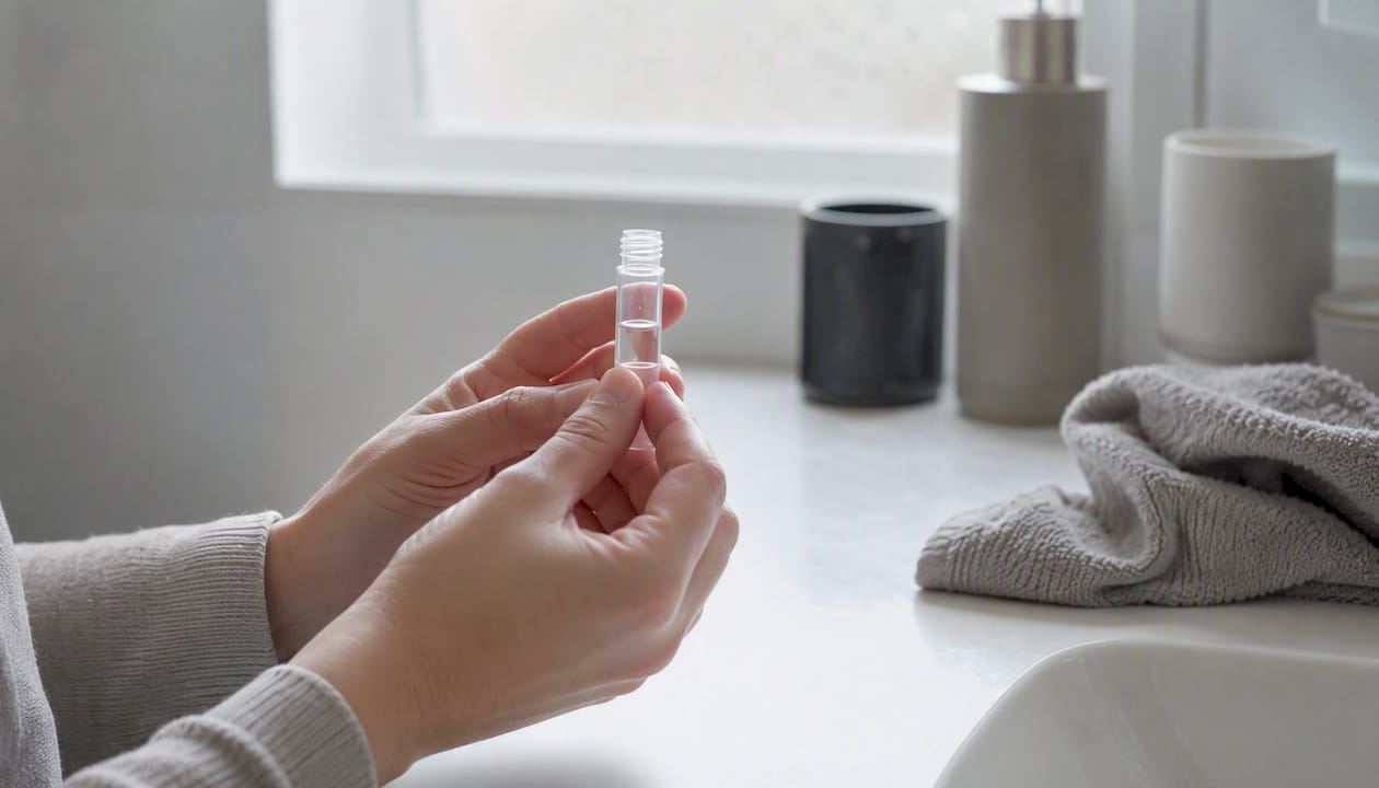 Hands holding saliva collection tube partially filled