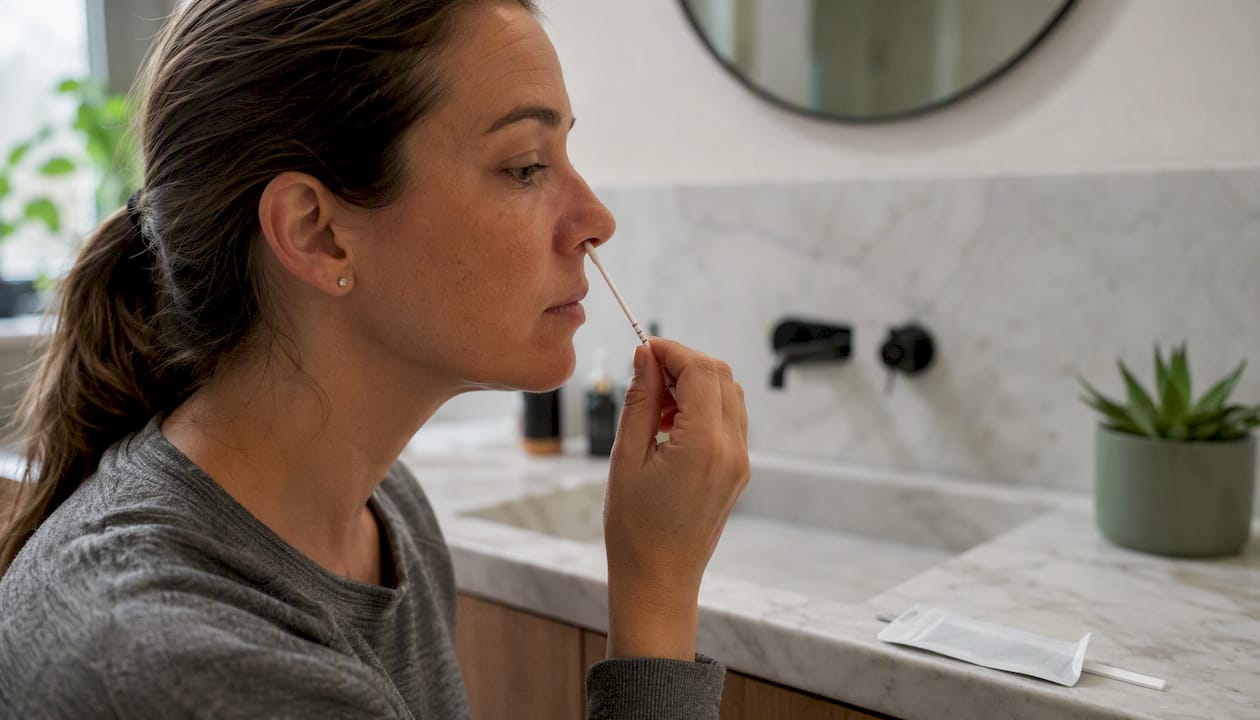 Hands inserting nasal swab into nostril