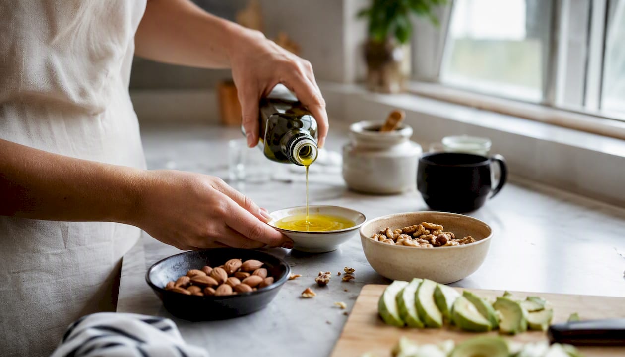 Hands pouring olive oil with nuts and fish nearby