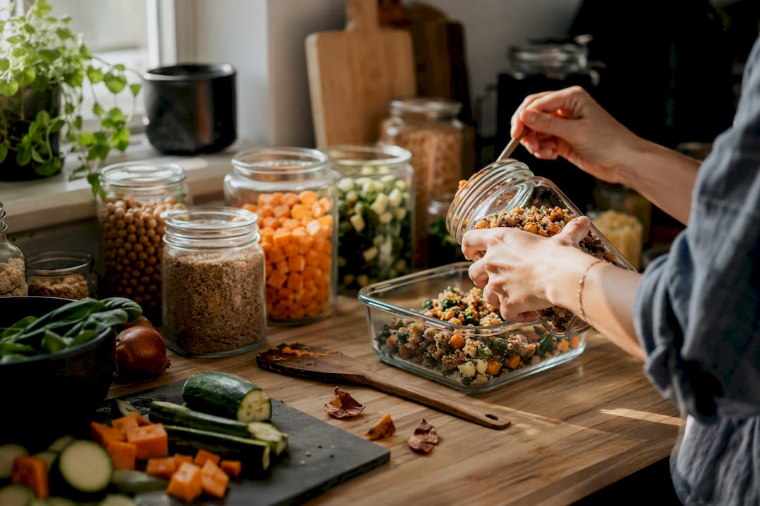 Hands preparing batch-cooked elimination diet meals