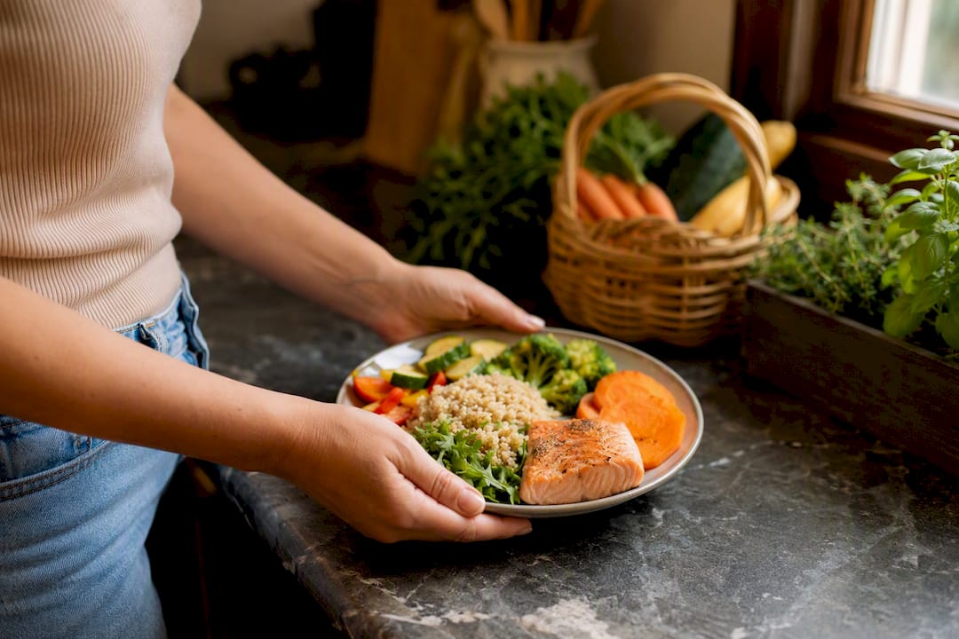 Hands plating balanced elimination diet meal